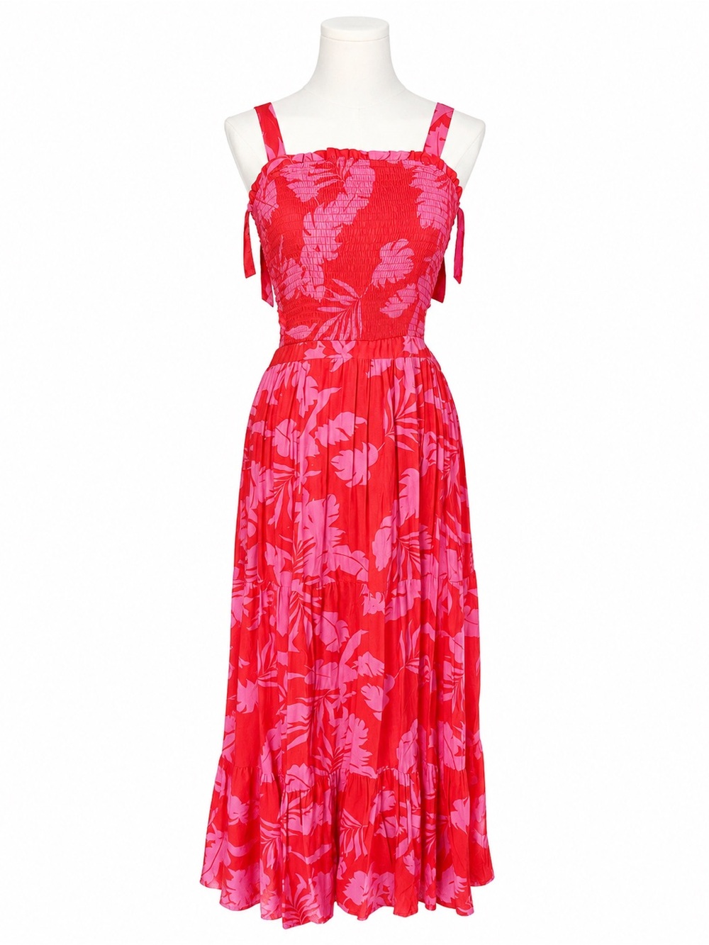 Japna Pink & Red Floral Smocked Maxi Dress Size M